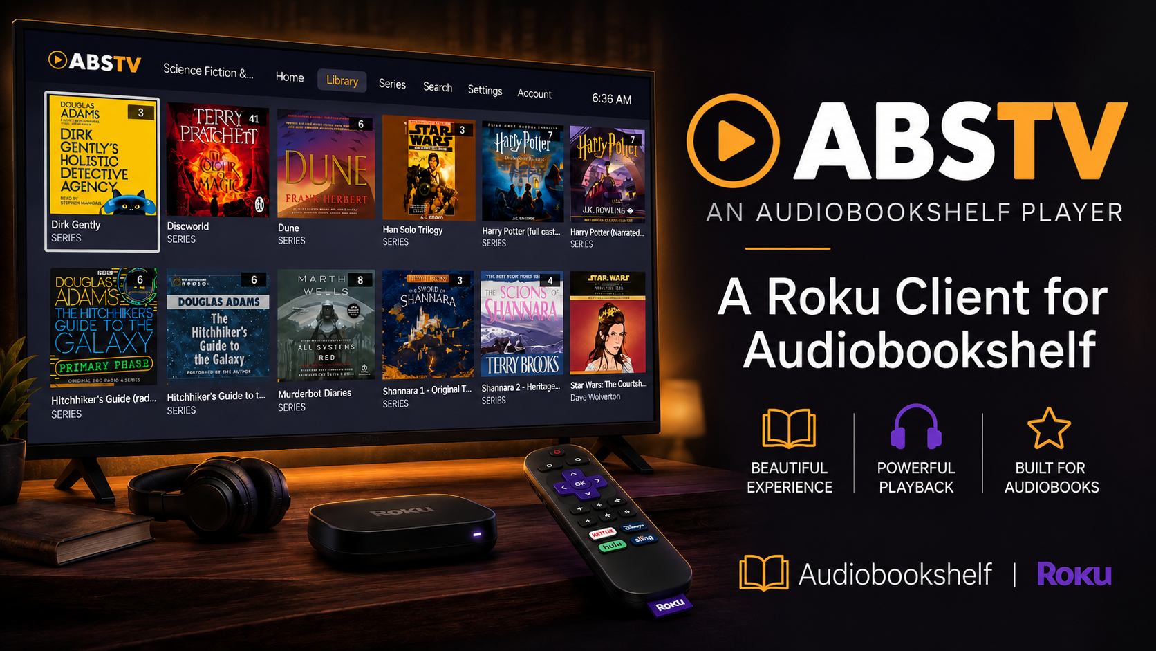 ABS TV audiobook player running on a Roku television