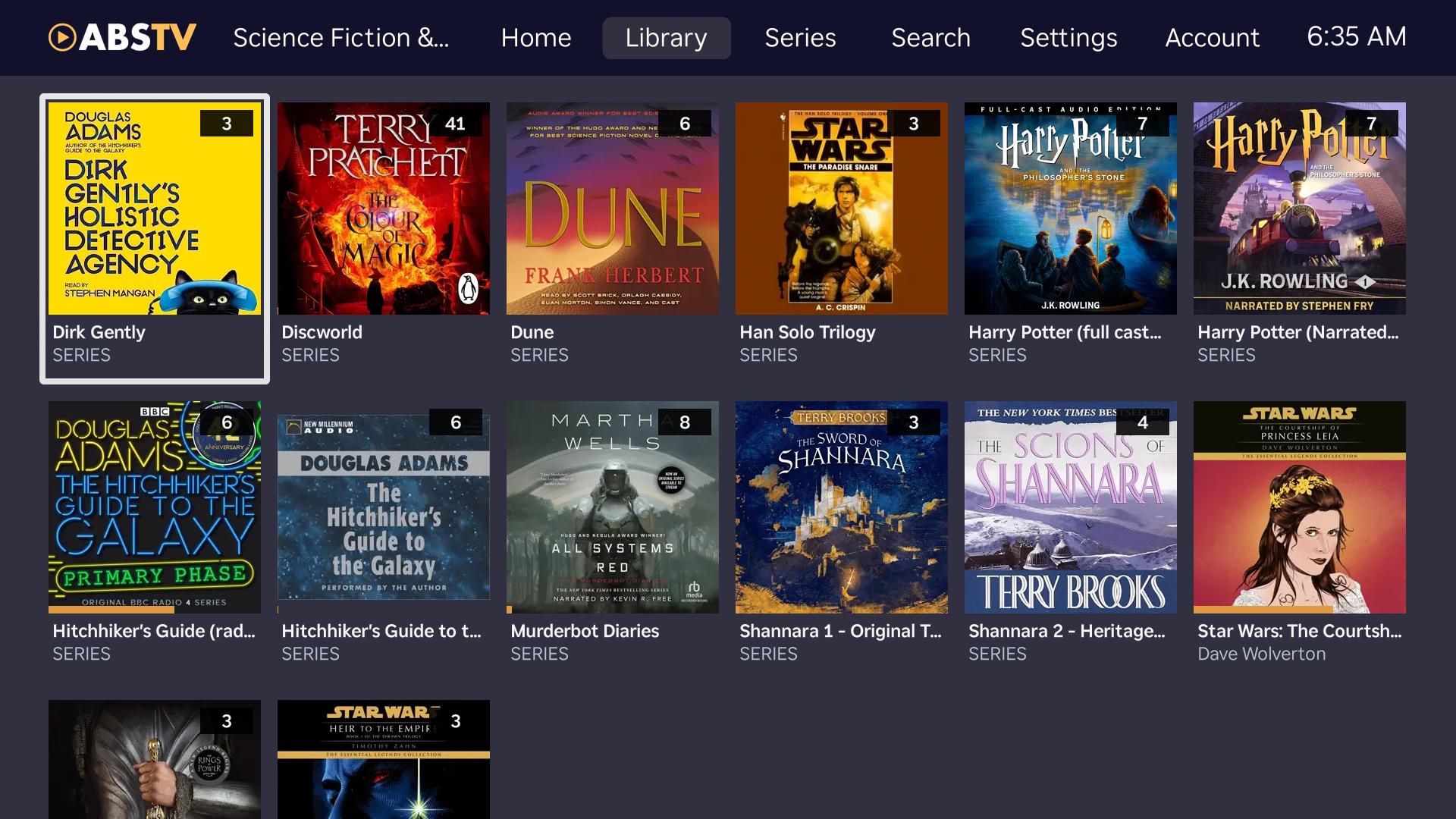 ABS TV audiobook library grid